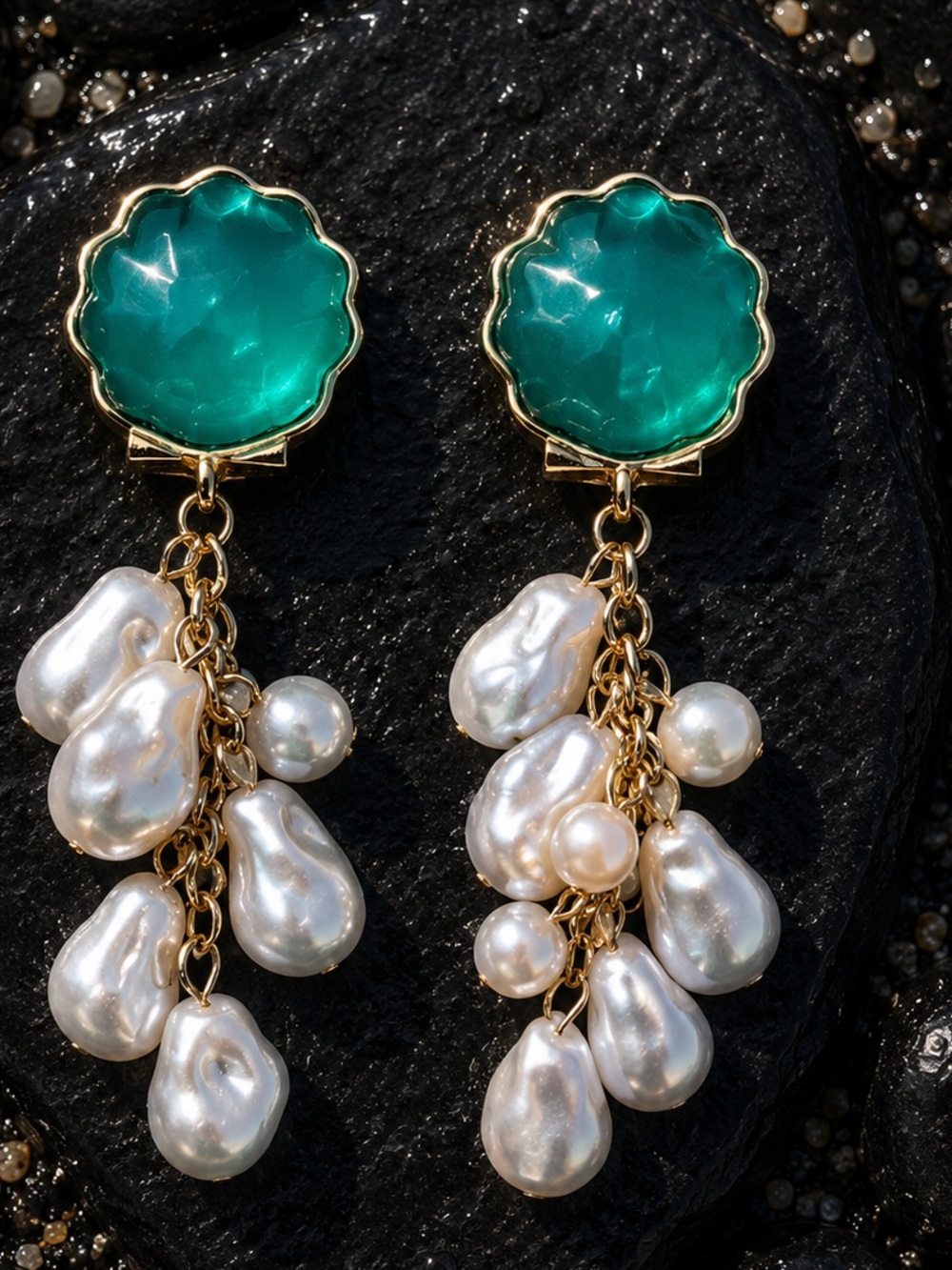 Green Gem and Pearl Drop Earrings - Picture 1 of 4